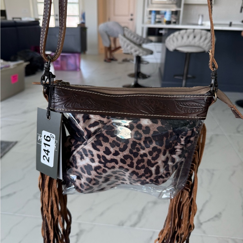 Myra Bag Brown and Black Crossbody Bag with Fringe and Leopard Print